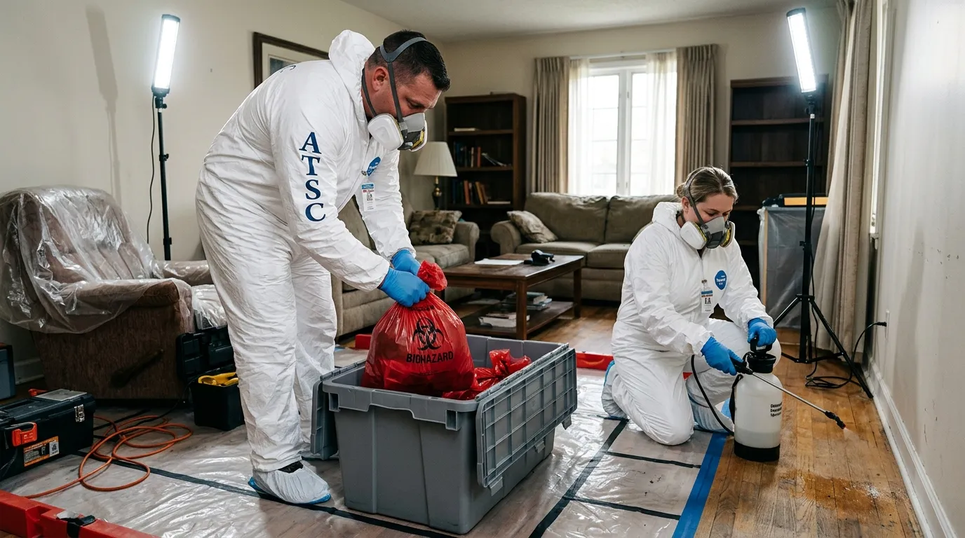 Professional Hoarding Cleanup technician in full PPE working in Tolleson